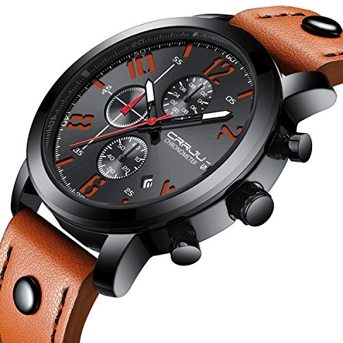 Fashion Black Dial Chronograph Watch with Orange Leather Band Wrist Watch