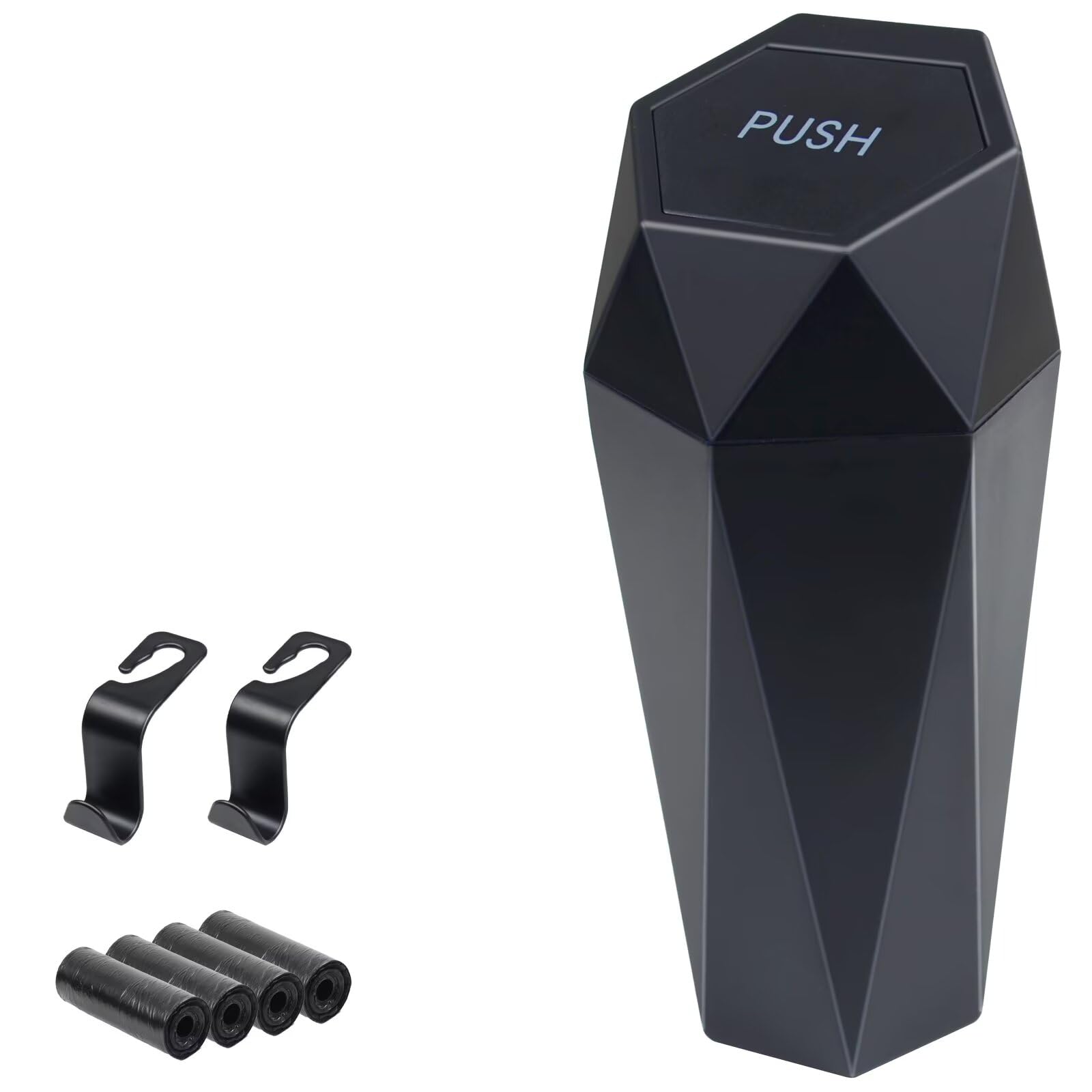 Photo 1 of BFXM Car Trash Can, Car Trash Bin with Lid, Car Accessories for Women Interior, Car Garbage Can with Additional 2 ABS Hooks and 60pcs Trash Bags, Suitable for Home, Office, Car Organizer, Black