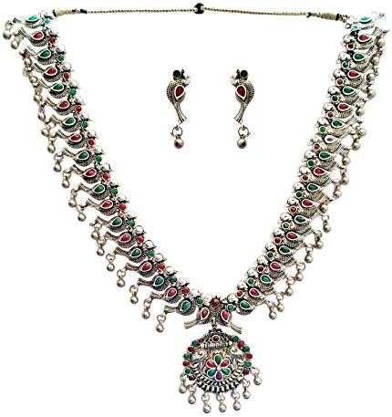 The Trendy Trendz India Oxidized Silver Finish Traditional Design Royal Look Big Pendant Long Chain Necklace Jewelry Set for Women and Girls