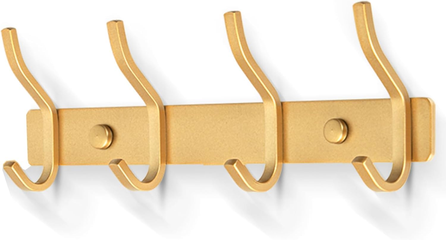 YUET Brass Door Hooks, Towel Hook Stainless Steel Coat Hooks Wall Mounted Screw in Modern Metal Heavy Duty Coat Rack Row of Hooks Hanger Robe Clothes Hat Hook for Bathroom Bedrooms (Gold)