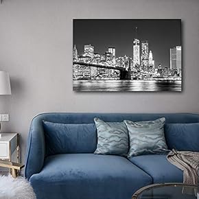 Canvas Prints Wall Art - The Manhattan Skyline and Brooklyn Bridge at Night in Brooklyn, New York. | Stretched Gallery Canvas Wrap Giclee Print. Ready to Hang - 12x18