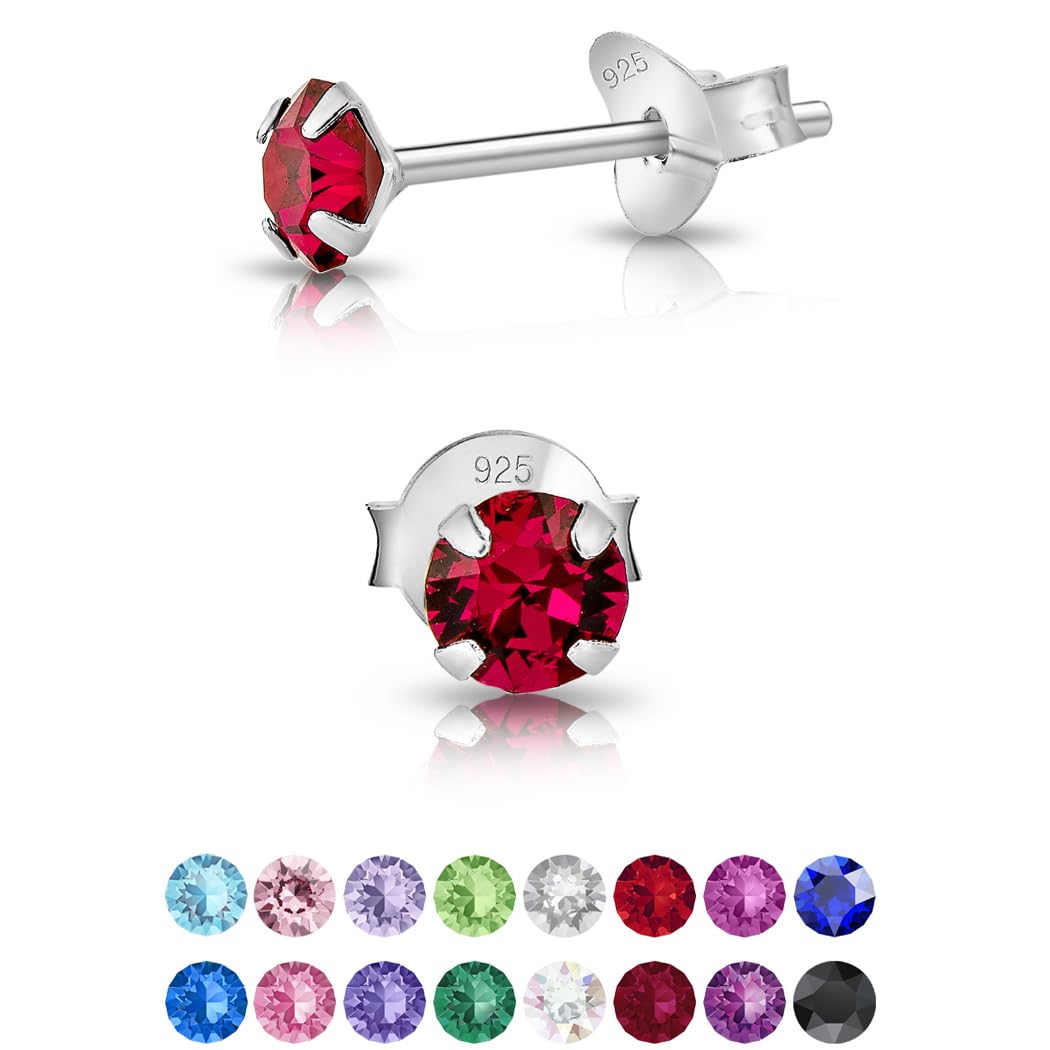 925 Sterling Silver Round SMALL Stud Earrings made with Glittering Crystals - Silver Studs Earrings for Woman - Diameter: 4 mm - Colour : Ruby