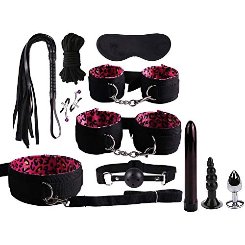 11 Piece Plush Bondage Restraints Set Kit for Bed and Under Bed Sex Play SM Bondage Toy Gear Wrist Cuffs Gags Collar Spanking Nipple Rope Strap On Harness for Women Couples Lesbian Female,A1