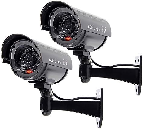 Puronic Dummy Security Camera, 2 Pack Fake Cameras CCTV Surveillance System with Realistic Simulated LEDs for Outdoor/Indoor Home Security + Warning Sticker, Black