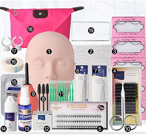19pcs Eyelash Extension Kits,Professional Mannequin Head Training Eyelashes Extensions Practice Cosmetology Esthetician Supplies with Eye Lashes Glue Tweezers Tools sets (19pcs xin)