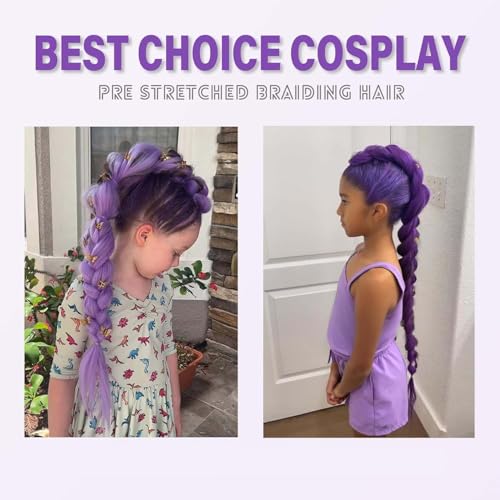 2PCS Purple Pre-Stretched Braiding Hair, Texture Synthetic Fiber Long Purple Hairs Extensions Synthetic Profession Purples Hair Extensions for Braids, Halloween Costume Cosplay Hairs Extensions