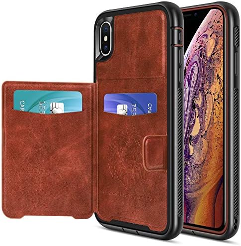 Ansiwee Compatible with Magnetic Car Mount High Impact Hybrid Full Body Protection Armor Case Cover with Leather Wallet Card Slot for iPhone Xs iPhone X Devices 5.8" (Brown Black)