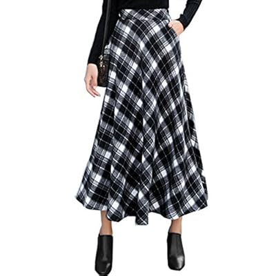Women's Wool Blended High Waist A-line Flared Long Skirt Winter Plaid