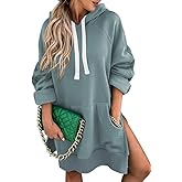 SHEWIN Women's Oversized Casual Pullover Long Sleeve Split Hem Drawstring Hoodies Dress With Kangaroo Pocket