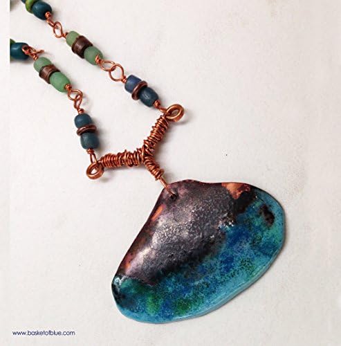 Rustic Teal Copper Pendant Enameled Necklace with Fired Patina Recycled Glass Flamed Copper