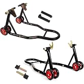 MOTO4U Motorcycle Front &amp; Rear Stand, Front Rear Combo Stand Universal Wheel Lift Stand Swingarm Spool Lift Stand Paddock Stand (Red Wheel)