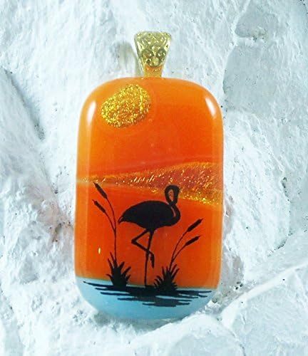 Tropical Flamingo Scenic Art Handmade Dichroic Glass Jewelry Pendant with Necklace