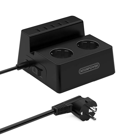 Mehrfachsteckdose mit USB 5-Anschluss und Schalter 2-fach Tisch Steckdosenleiste Blitzschutz Kabel 1.5m Telefonhalter- Schwar