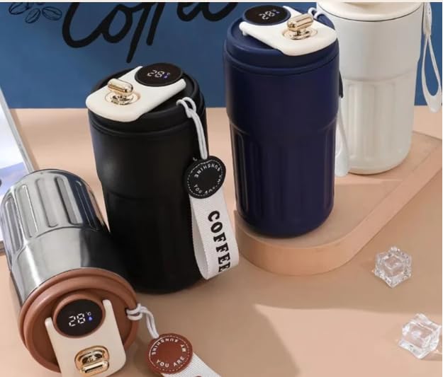 Copo Térmico Café 450ml Inox com Display Digital LED de Temperatura, Antivazamento, Portátil com Alça e Tampa, Isolamento a Vácuo, Mantém Bebidas Quentes e Frias por Horas (Preto)