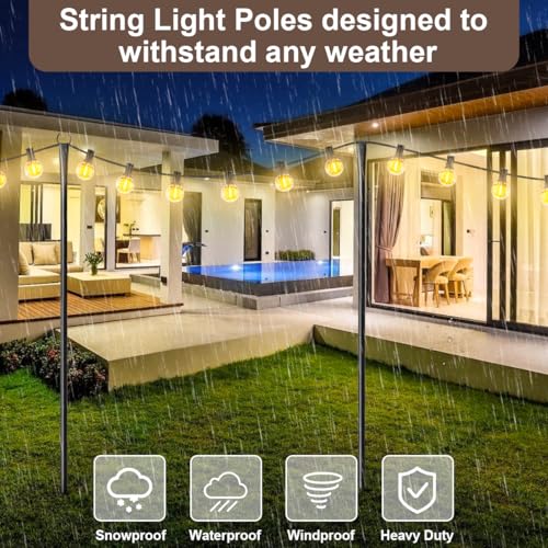 MuliVid 6 Pack 9FT String Light Poles for Outdoor,Metal Lights Hanging Pole Outside with Fork,Light Stand for Patio, Pergola, Garden, Backyard, Yard, Camping Party