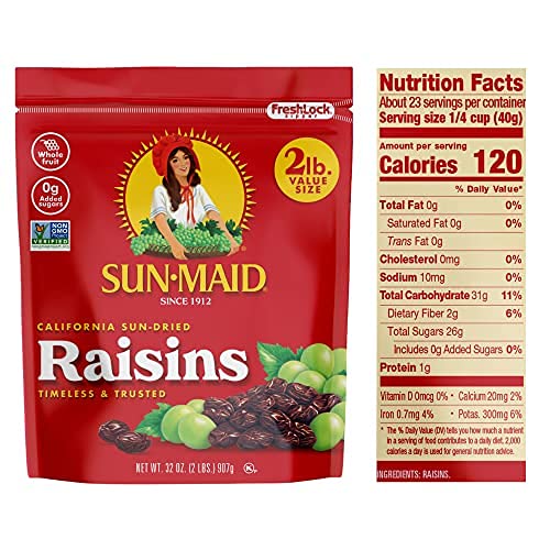 SUN-MAID CALIFORNIA SUN-DRIED RAISINS – (2 PACK) 32 OZ RESEALABLE BAG – DRIED FRUIT SNACK FOR LUNCHES, SNACKS, AND NATURAL SWEETENERS