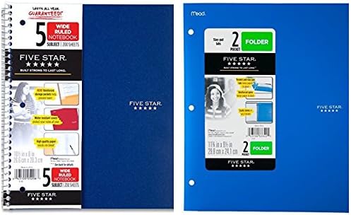 Five Star Wirebound Notebook, 5-Subject, 200 Wide-Ruled Sheets, 10.5 x 8 Inch Sheet Size AND Five Star Plastic Folder Reinforced Spine 2 Pocket (blue)