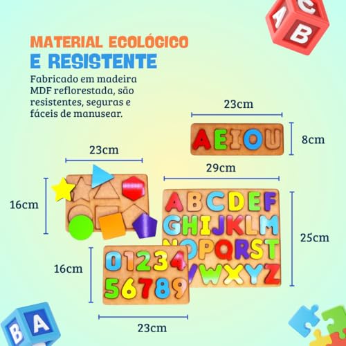Kit Brinquedos Educativos Madeira MDF | 4 em 1 | Alfabeto, Números, Vogais e Formas | Didático e Seguro