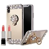 iPhone X Case Bling, Miniko(TM) Sparkly Slim TPU Mirror Makeup Bling Rhinestone Diamond Back Case Cover with Detachable 360 Degree Ring Holder Stand for Apple iPhone X Gold