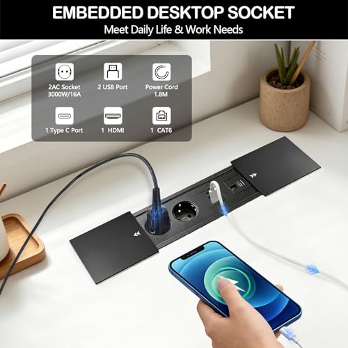 Aluminium Recessed Table Plug, Retractable Socket Outlet with 2 Sockets, 2 USB Ports and Type C+HDMI+Cat 6, 250V/16A Recessed Power Strip for Desks, Work Tables, Dining Tables