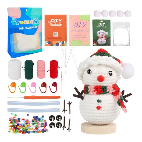 SwellishColor Crochet Kit for Beginners Kids,Christmas Crochet Starters Kit for Adults with Crochet Accessories Snowman with Step-by-Step Video Tutorials,Christmas Decorations DIY Gifts