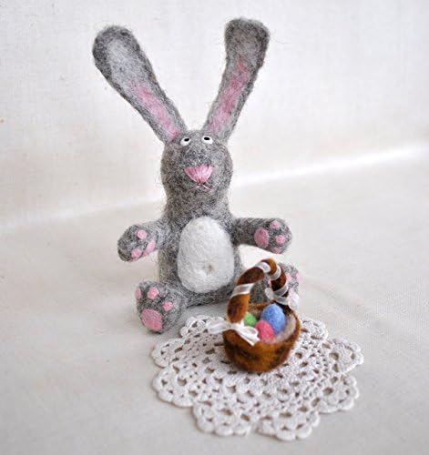 Easter Bunny figurine and basket with eggs Needle felted miniature, wool soft sculpture, OOAK table centerpiece decor