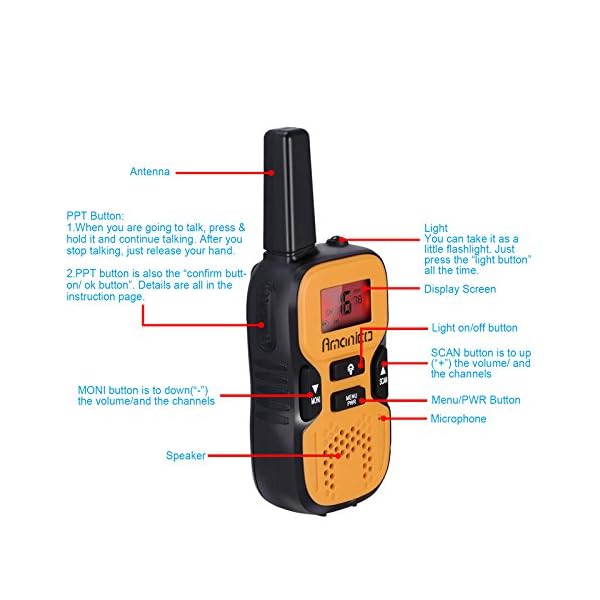 Amanico-Kids-Walkie-Talkies-22-Channel-FRSGMRS-2-Way-Radio-2-miles-up-to-37-Miles-UHF-Handheld-Smart-Mini-Size-33-In-Length-for-girls-boys-Kids-Children-Teens-1-Pair-Orange