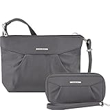 Travelon Anti-Theft Crossbody and RFID Clutch - Small Handbag & Wallet Set for Travel & Everyday - (Pewter/Dark Emerald Interior)