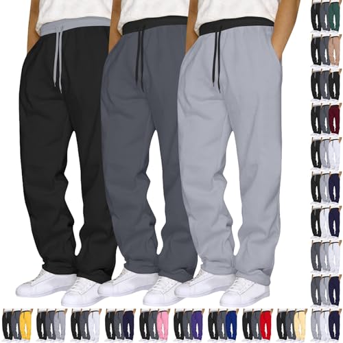 3 Pack Joggers for Men UK Mens Joggers Bottoms Open Hem Jogging Pants Fleece Sweatpants with Pockets Drawstring Elastic Waist Straight Leg Baggy Jogger Trousers for Gym Workout