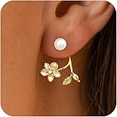 Tituthia Pearl Earrings for Women, 14k Pearl Drop Dangle Earrings Gold Earrings for Women Trendy Cute Prom Bridal Earring Flower Long Earring Wedding Jewelry
