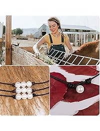 CARSHIER Single White Pearl Choker Necklace with Three Beads Freshwater Pearls Choker Necklace on Genuine Leather Cord Knotted Collarbone Chain Jewelry for Women Girls