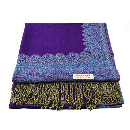 Paskmlna Border Pattern Double Layered Reversible Woven Pashmina Shawl Scarf Wrap Stole (003#28Purple/TQ) - Thumbnail 2