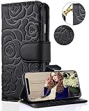 FLYEE iPhone 11 Pro Max Wallet Case Premium Leather [Embossed Flower] Flip case Kickstand Magnetic Protective with Card Slots and Detachable Wrist Strap for Apple iPhone 11 Pro Max 6.5 inch [Black]
