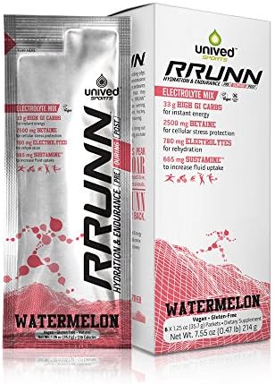 Unived RRUNN During Isotonic Electrolyte Sports Drink Mix, Hydration &amp; Endurance, Box of 6 Packets (0.5lbs, 214g) (Watermelon)