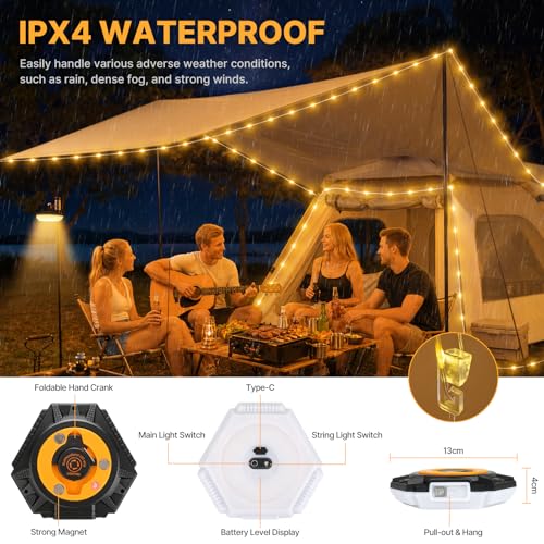 GAEEP Camping String Lights, 10M Retractable Fairy Lights with 7 Lighting Modes, USB Rechargeable 2-in-1 Camping Lantern and String Lights, Waterproof Tent Lights for Camping, Garden, Party