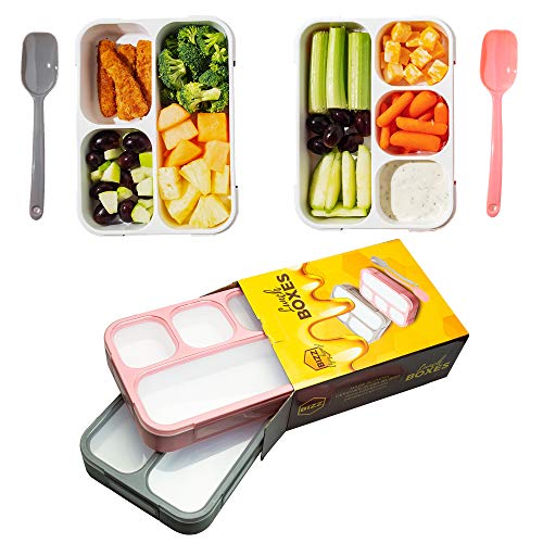Bizz Bento Lunch Boxes with Spoon (2-Pack) 3 and 4-Compartment Leakproof Food Storage Container, Work, Home, School, Meal Prep, Portion Control, Dry or Liquid, Men, Women, Kids