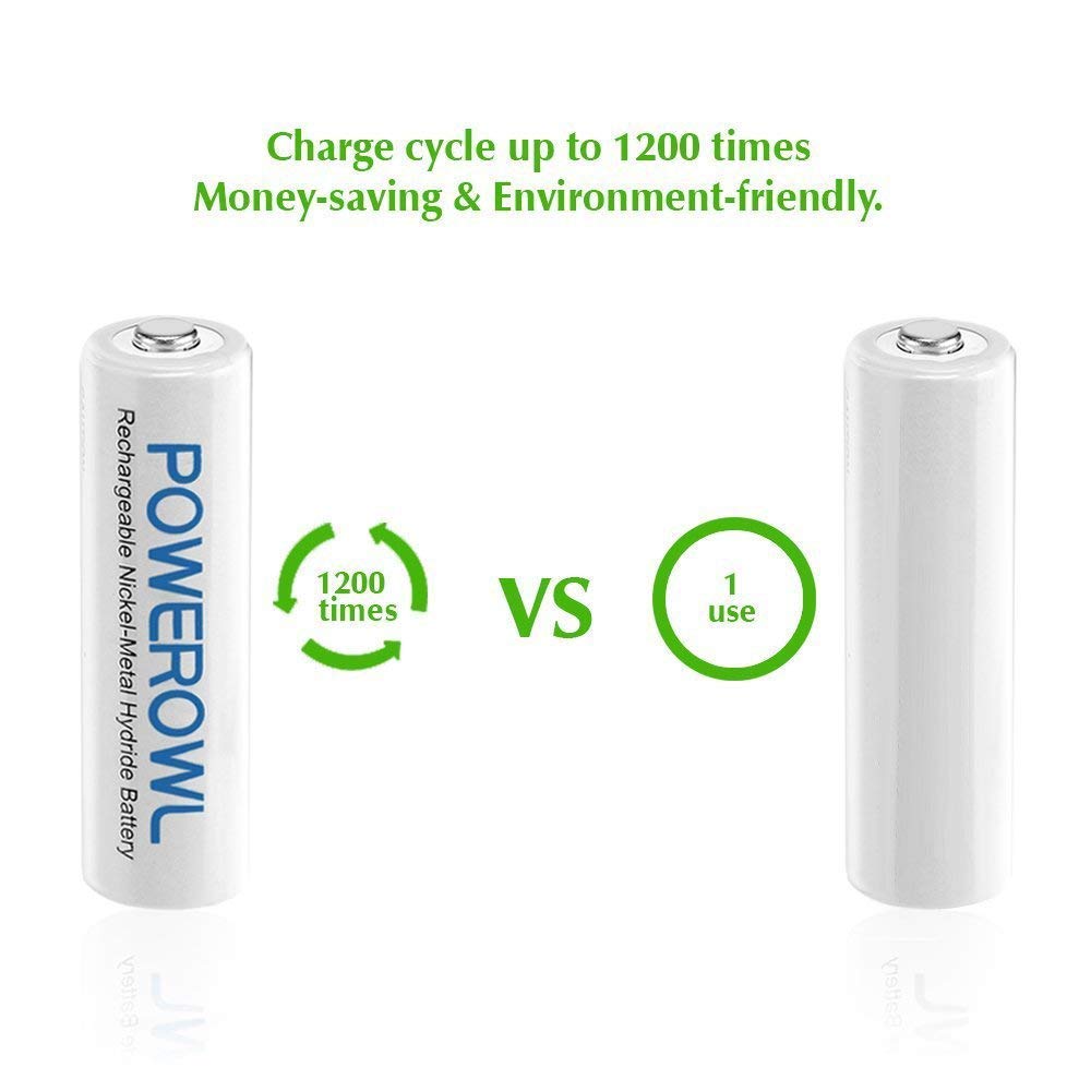 Batterien AA POWEROWL Vorgeladene NI-MH AA Akkus - Akkubatterien (geringe Selbstentladung, 1200 Zyklen, 2100mAh) 16 Stck