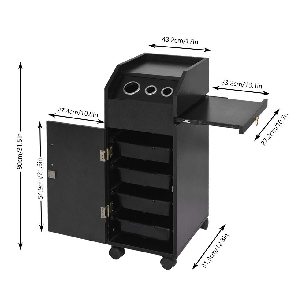 Redd Royal Salon Storage Trolley Cart for Hair Stylist with Wheels, 4 Drawers, Locks and 2 Keys, Spa Utility Carts w/Hairdryer Holder (Black): Beauty