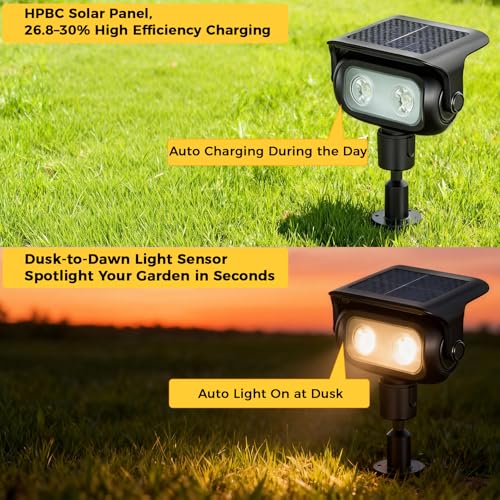 MEEKBOS Luces Solares LED Exterior para Jardín con Estaca, 3000K Luz Cálida, Sensor Crepuscular, IP65 Impermeables, Lámparas Solar para Camino, Patio, Césped y Paisajismo, Pack de 6