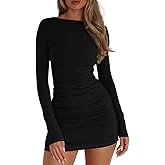 LAGSHIAN Women's Sexy Long Sleeve Crew Neck Bodycon Ruched Mini Club Party Dress