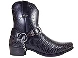 Alberto Fellini Men's Crocodile Prints Western Cowboy Boots with Side Zipper, Belt Buckle and Metal Chain