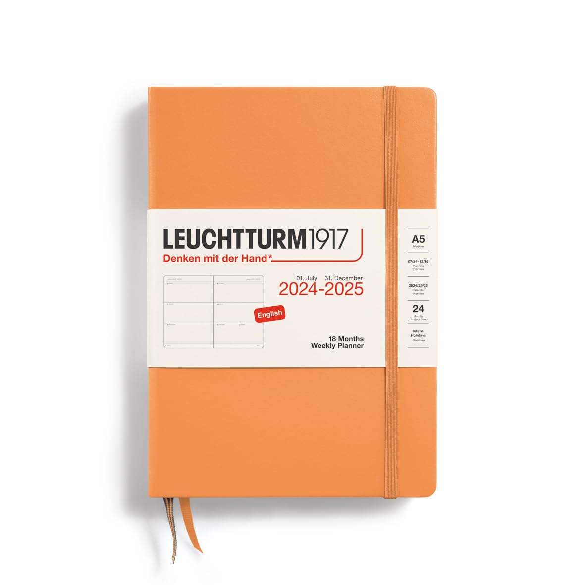 LEUCHTTURM1917 370721 Weekly Planner 2025, Medium A5 Hardcover - 18 Month Planner, Lined - Apricot English