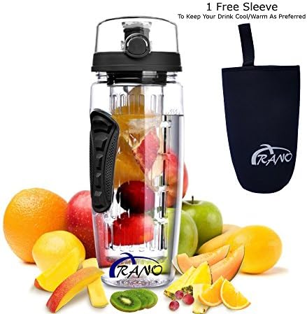 Arano 32 OZ BPA-Free Fruit Infuser Water Bottle, shatter and chemical-resistant Tritan with button flip-top and long infuser for daily hydration Gym Sports Camping uses, Water flavoring - Black