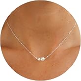 BSGRL Pearl Necklaces - 14k White Gold Plated Dainty 2 Pearls Necklace for Women