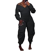 Famnbro Womens Fall Jumpsuits V Neck Off Shoulder Long Sleeve Solid Wide Legs Sexy Casual One Piece Jumpsuit