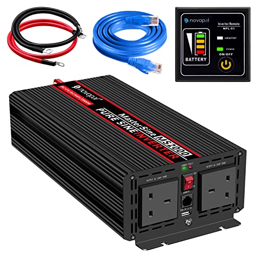 NOVOPAL 2000W Power Inverter Pure Sine Wave 12V DC to 240V AC Converter with 2 UK Outlets and 1 USB,16.4FT Remote Control,2 Cooling Fans for RV,Boat,Camping,Home