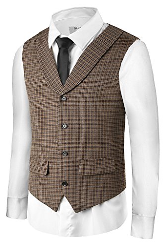 Hanayome Men Plaid Vest Suit Jacket Waistcoat Brown Business Shawl Collar Vests VS28Â£Â¨Brown,XXLÂ£