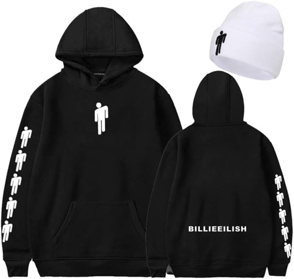 CREPUSCOLO Unisex Billie Eilish Double Sided Hoodie with Beanie Knit Hat 2 Piece Set Stretchy Cap Pullover Sweatshirt
