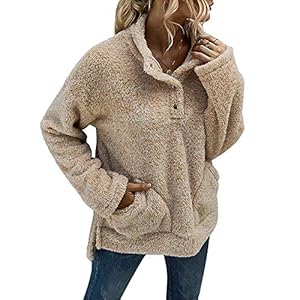 YBENLOVER Pullover dames fleece sweatshirt teddy pluche hoodie met zakken rolkraag pullover