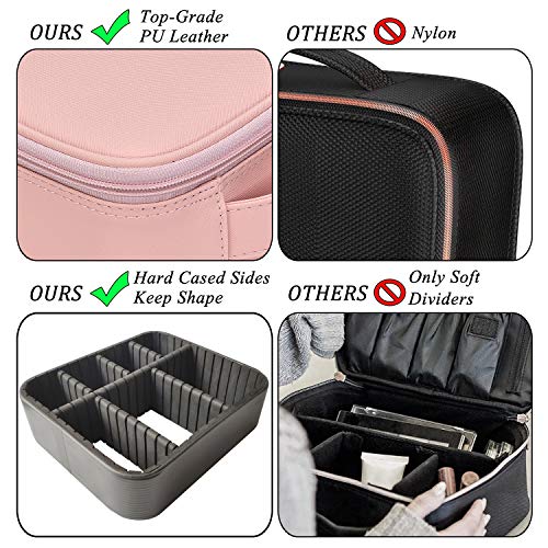 NiceEbag Makeup Bag Travel Cosmetic Bag for Women Cute Makeup Case Large Leather Cosmetic Train Case Organizer with Adjustable Dividers for Cosmetics Make Up Tools Toiletry Jewelry,Rose gold